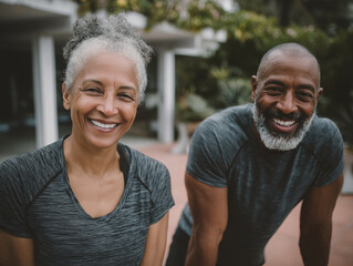 Happy middle aged couple doing sports together. Mature couple doing exercise outdoors. Fitness and healthy lifestyle concept.