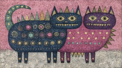 Vibrant and playful art showcases two stylized cats, one dark blue with dots and spikes and another pink with similar features, set against a soft pastel backdrop.