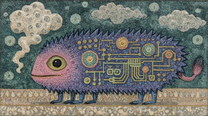 A unique, colorful creature with a blend of organic and technological elements stands on a textured surface.