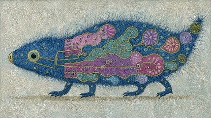 A vibrant creature moves across a soft light surface, displaying an array of detailed patterns in shades of blue, green, purple, and pink, capturing attention with its whimsical design.