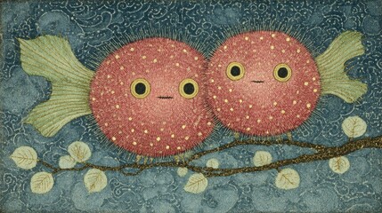 Two whimsical fish with vibrant colors and oversized eyes sit together on a delicate branch. The enchanting blue backdrop adds depth, creating a playful and charming atmosphere.
