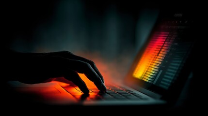 Silhouetted Hand Typing on a Laptop with Vibrant Backlit Keyboard and Screen Display
