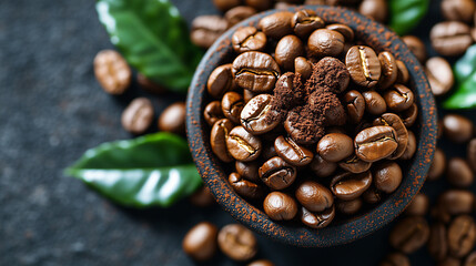 Obraz premium Freshly roasted coffee beans in a rustic bowl surrounded by green coffee leaves on a dark stone surface