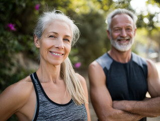 Happy middle aged couple doing sports together. Mature couple doing exercise outdoors. Fitness and healthy lifestyle concept.