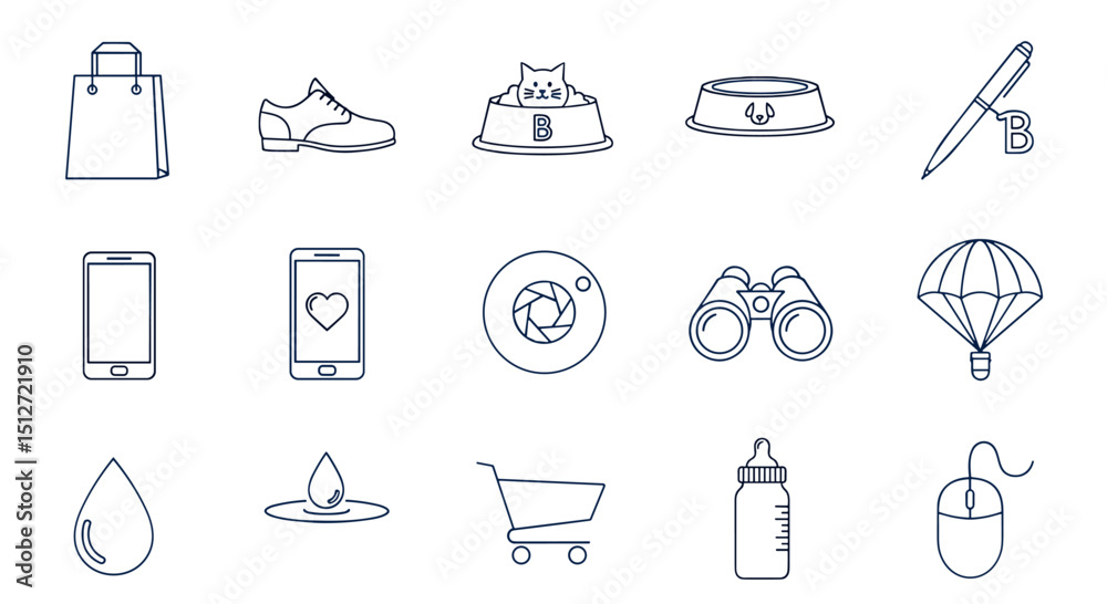 Poster assorted line art icons: a collection of line art icons showcasing various objects and symbols, perf