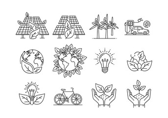 Obraz premium Eco-Friendly Icon Collection: A collection of carefully curated line art icons represents sustainability, renewable energy, and environmental protection.
