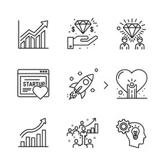 Startup Icon Set: An array of stylized icons symbolizing various aspects of a startup, perfect for illustrating entrepreneurial concepts and business strategies.