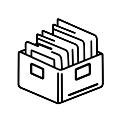 Minimal line art icon of an archive box with documents, representing file storage or organization