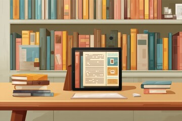 Digital Library Displayed on Tablet Resting on Table Surrounded by Books in Warm, Inviting Setting