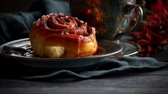 Delicious cinnamon roll with caramel drizzle and a cup of tea for a cozy still life scene on a wooden surface, creating a warm and inviting atmosphere