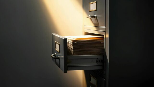 Close-up of open filing cabinet drawer with illuminated folders