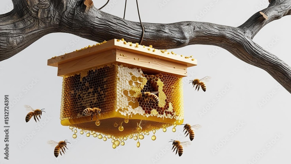 Fototapete hyper-realistic 3d rendering of beehive hanging from tree branch. detailed honeycomb structure and r