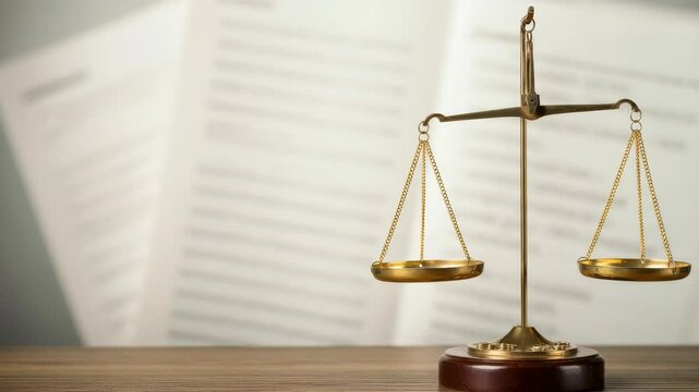 Balanced scales symbolizing justice on wooden table with documents in background