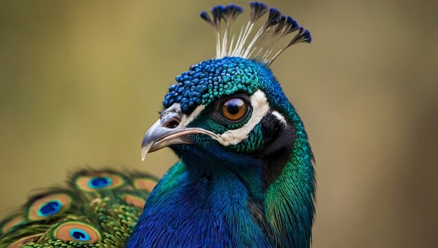 A majestic peacock in a closeup portrait