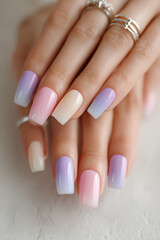 Nails Manicure Pastel Colors Design Beauty Closeup Hands Trendy Fashion Art Polish Elegance Style Rings Feminine Gradient Care Weekend Salon Details Acrylic Purple Pink 豪华症状 