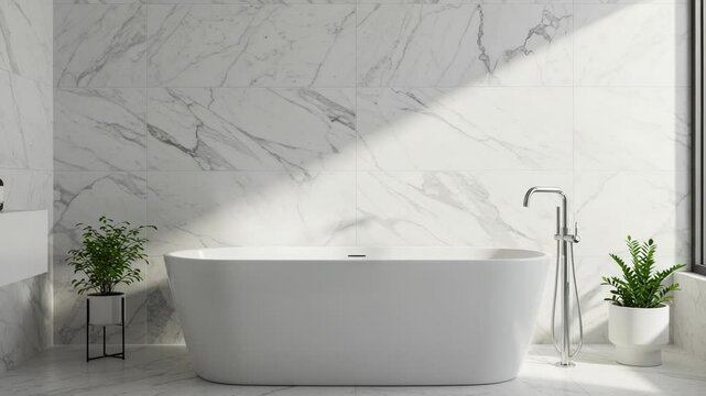 Modern minimalist bathroom showcasing a freestanding white bathtub, marble tiles & natural light. Ideal for property tours, decor inspiration, lifestyle vlogs & promoting luxury wellness spaces.