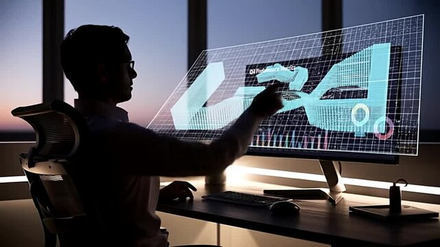 A focused data strategist stands before a striking, sharp OLED screen filled with complex 3D analyses &mdash; vibrant Sankey flows, pulsating scatter plots, and live dashboards &mdash; all illuminated by a cool e