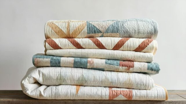 Stack of colorful geometric-patterned quilts on wooden surface