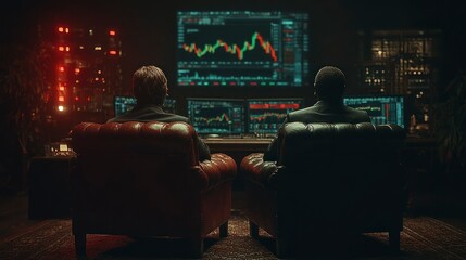 Obraz premium Businessmen Analyzing Financial Data on a Large Screen in a Modern Office Setting