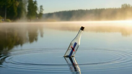 Message in bottle floating on calm lake with trees background