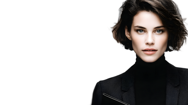 Closeup portrait of a woman in a black turtleneck and pinstripe blazer