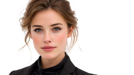 Closeup portrait of a young woman with freckles and blonde hair styled up