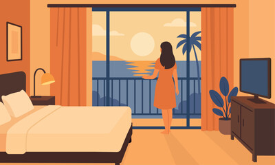A woman stands on a hotel balcony, gazing at the ocean and sunset. The room is cozy and elegant, with warm tones and a beautiful seaside view that creates a relaxing vacation mood. © Evgeniia Blagikh