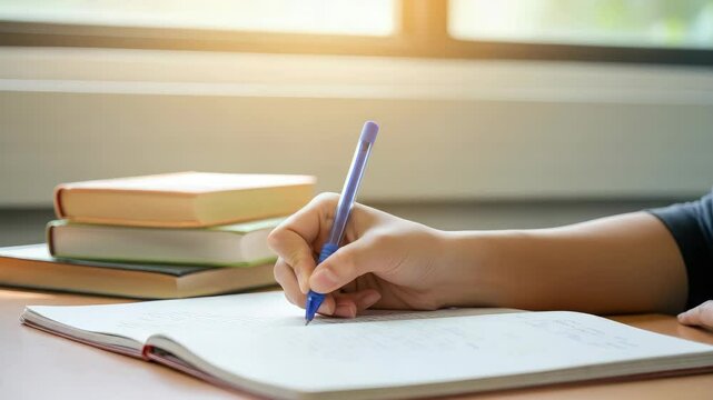 Person writing notes in notebook with stacked books nearby