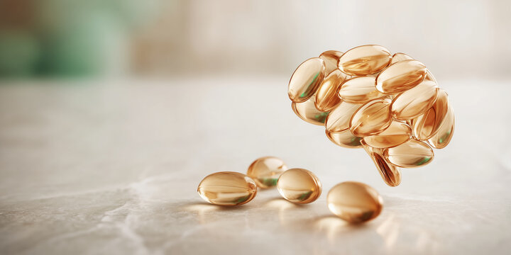 Fish oil capsules arranged in the shape of a brain, representing the positive effects of omega 3 fatty acids on cognitive function and overall mental well being.