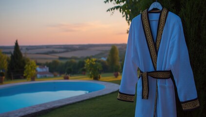 White Bathrobe With Gold Trim Hanging Outdoor View