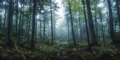 Obraz premium Misty Forest Path: Towering Trees and Ethereal Light in a Woodland Scene