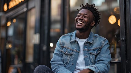 Fototapeta premium Lifestyle portrait daily life fashion casual weekend cafe relaxed outfit jeans jacket candid laughter warm tones authentic connection storytelling social energy inviting urban lifestyle clarity depth