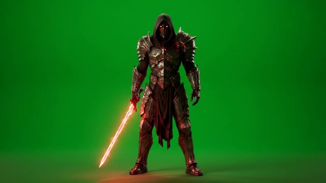 Armored Dark Warrior with Glowing Red Sword on Green Screen
