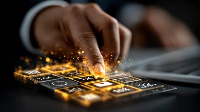 Finger Pressing a Golden Calculator Button with Sparkling Effects Highlighting Financial Calcu