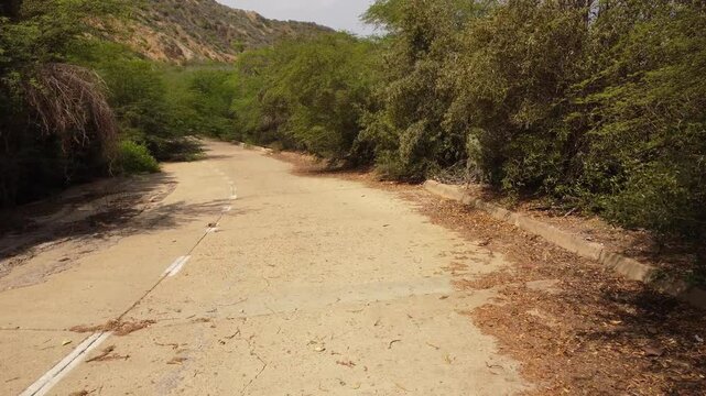 Drone shot an abandoned road, with vegetation around it, on a mountain with nearby beaches. forward and backward movements. recorded at 60 FPS