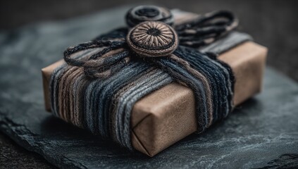 Close Up Of Wrapped Gift With Dark Ribbon And Metallic Accents