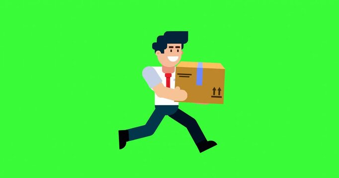 Businessman running with a cardboard box on green screen background animation