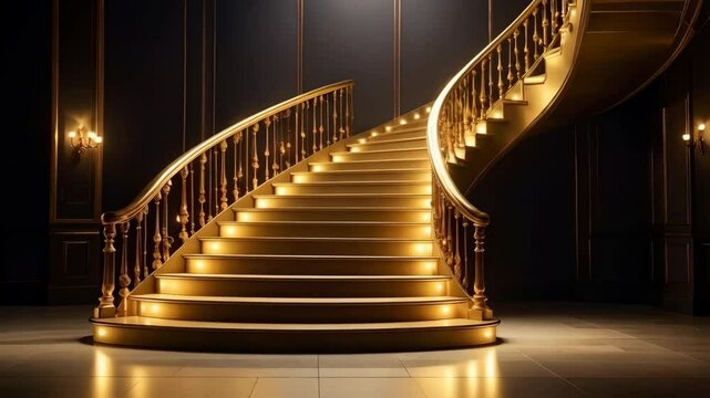 Elegant spiral staircase with golden banister and warm lighting creating a luxurious and sophisticated interior architectural design.
