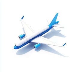 Isometric view of a blue and white passenger jet, slightly angled, casting a shadow on a white background