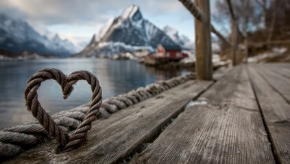 Obraz premium Rope heart on weathered wooden dock with distant snow-capped mountains