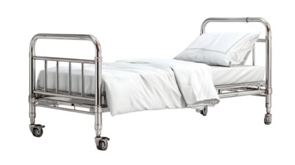 Hospital bed medical bed chrome bed  metal bed frame  white bedding  patient bed  healthc
