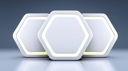 Three illuminated hexagonal panels with soft gray background create modern and minimalistic design. geometric shapes are highlighted by subtle lighting, adding futuristic touch