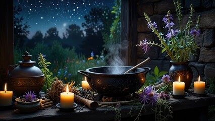 Nighttime Herbalist Garden Still Life with Herbal Steam Pot and Passionflower

