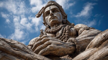 Fototapeta premium Majestic wooden sculpture of Shiva against a blue sky backdrop, embodying spiritual art