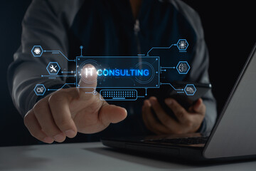 IT consulting present information technology with AI. Technical support operator is working on...