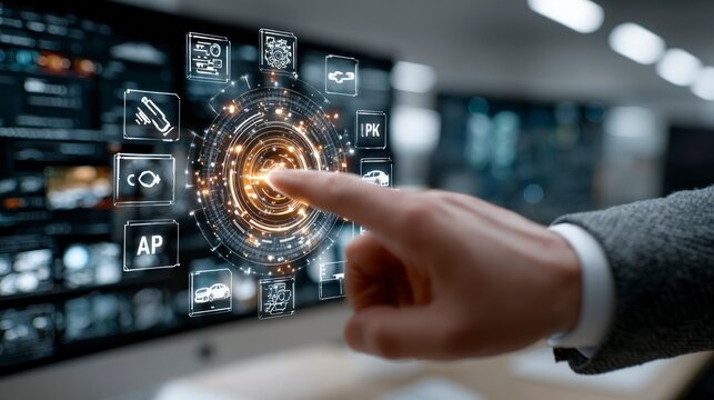 Futuristic Hand Interacting with Virtual Interface Touching Advanced Technology Icons for Auto