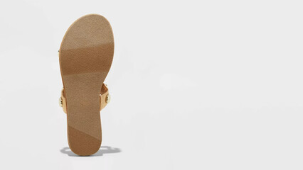 Footwear design featuring a tan sandal sole with a unique strap, showcased against a neutral backdrop highlighting its craftsmanship and style