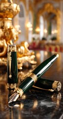 Luxury Green And Gold Fountain Pen Display In Palace Interior