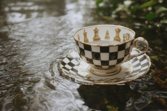 Chess Pattern Tea Cup On Water