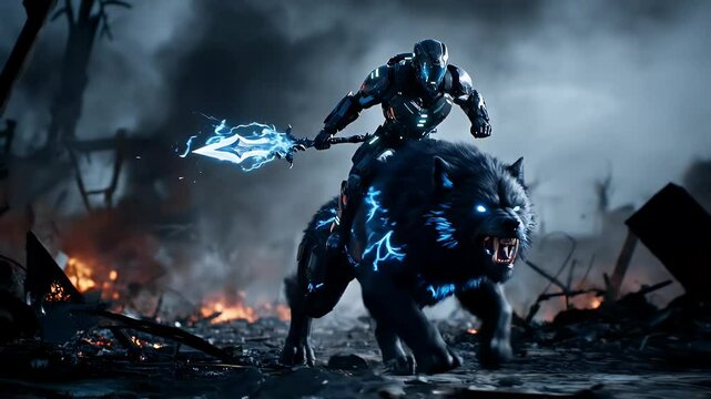 Armored Warrior on Beast in Fiery Battlefield Ruins